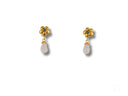 18K gold flower Petal Drops crystal drop earrings with blue gem and white beads