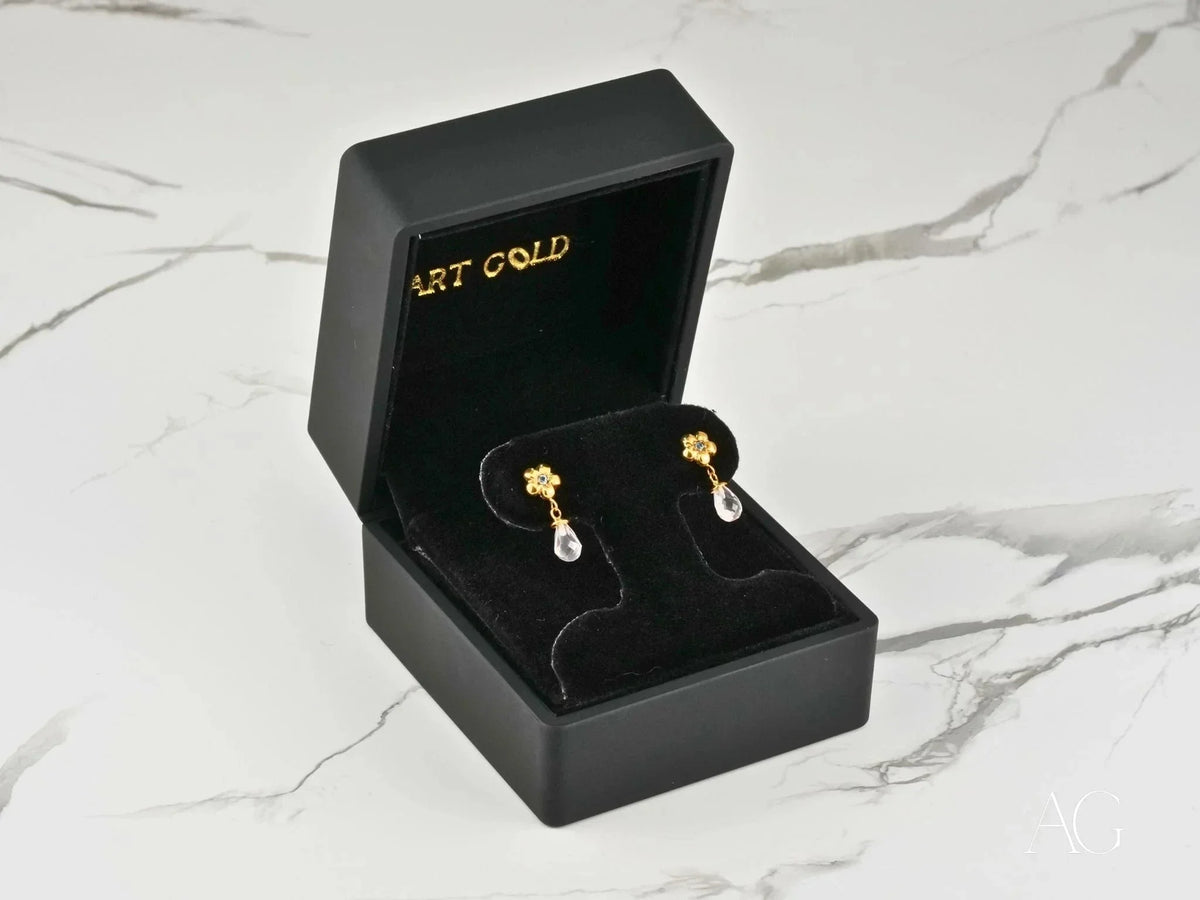 18K gold flower petal drops crystal drop earrings in velvet box