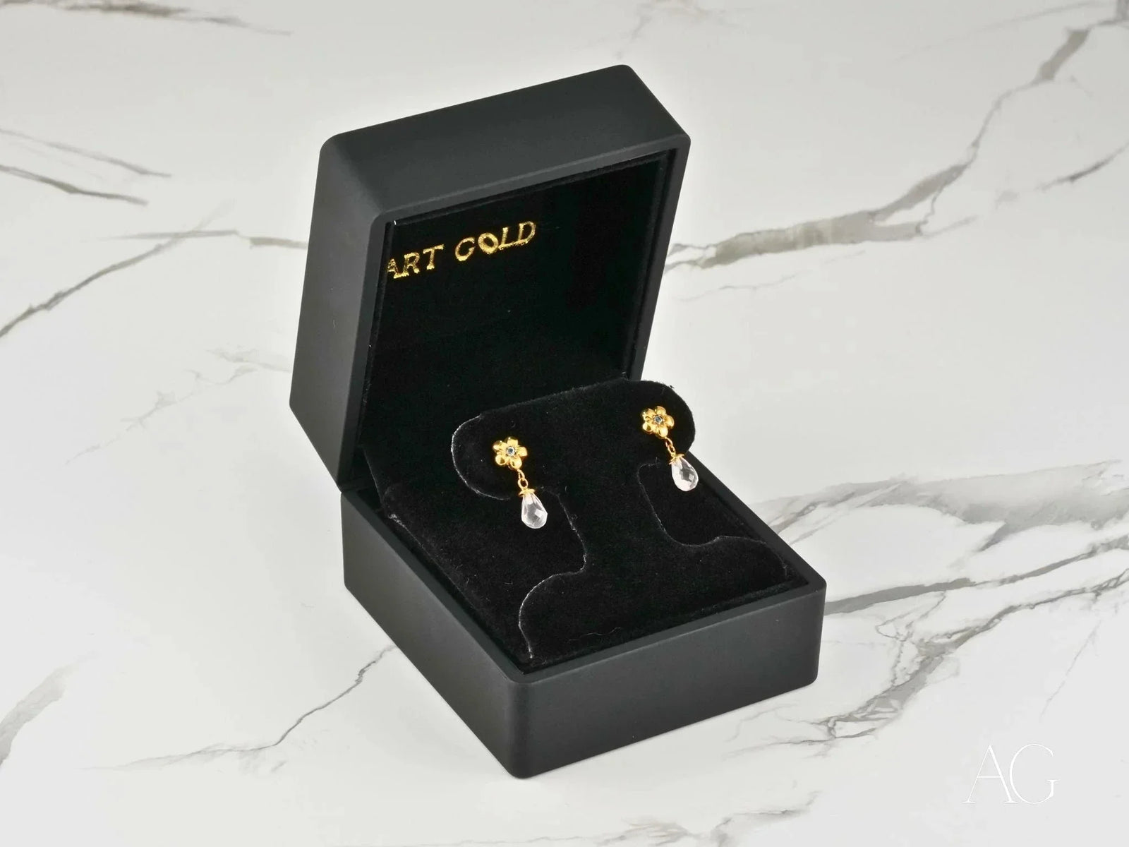 18K gold flower petal drops crystal drop earrings in velvet box