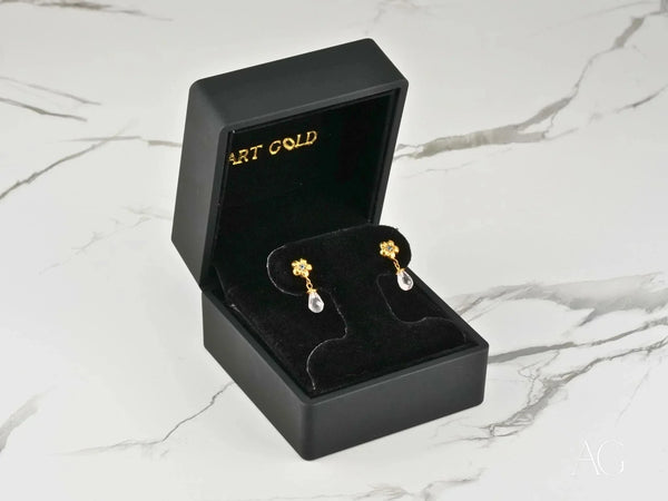 18K gold flower petal drops crystal drop earrings in velvet box