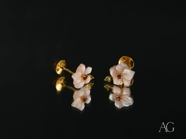 Petal Fantasy 18K gold flower CZ earrings with pink mother-of-pearl and red gem centers