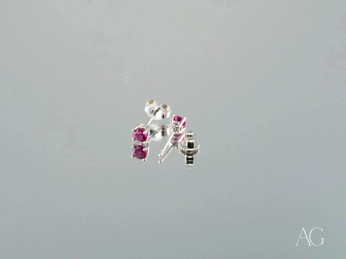 18k white gold CZ stud earrings with ruby gemstones in art gold jewelry