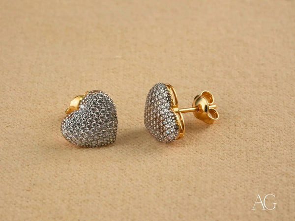 Radiant Love 18k gold heart stud earrings with CZ stones