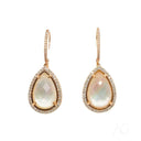 18k gold earrings: rose gold dangle with mother of pearl drops and diamond halos