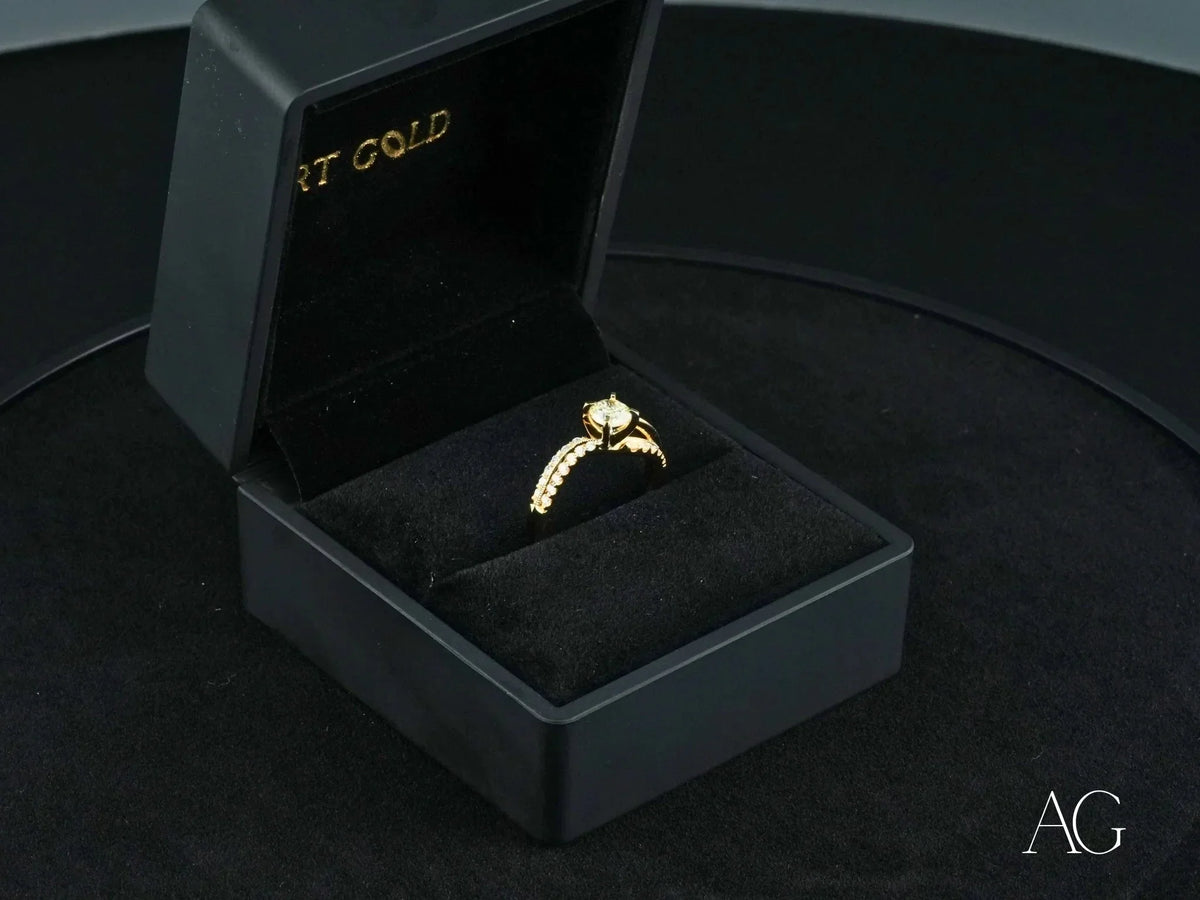 Radiant Vow engagement ring in 18k yellow gold with split shank and diamond pave band