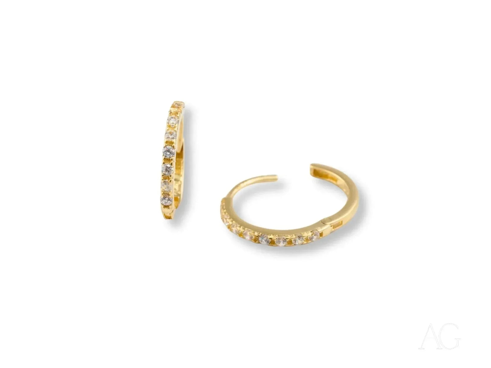 18k yellow gold CZ mini hoop earrings with clear gemstones
