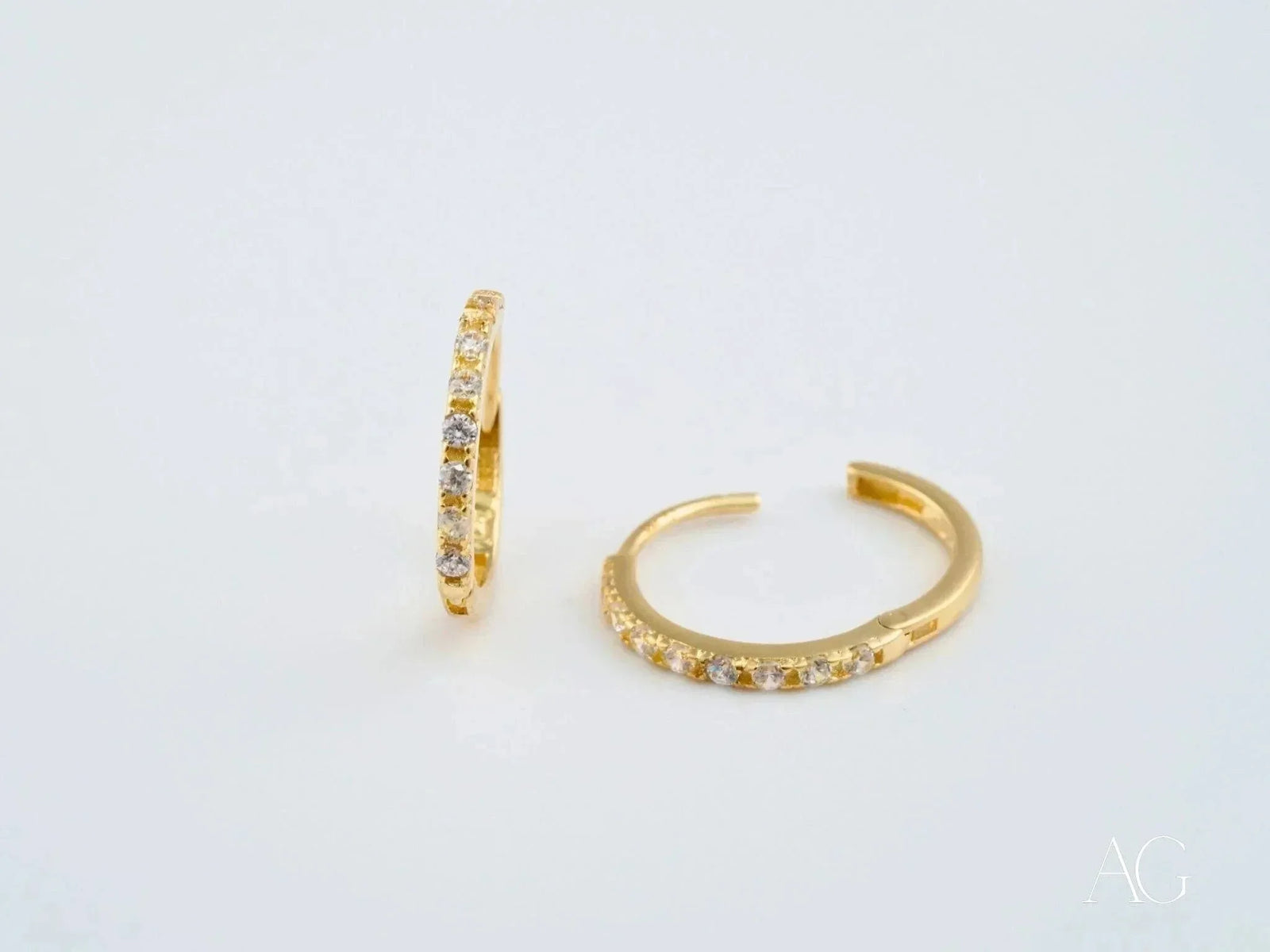 18k yellow gold CZ mini hoop earrings with clear gemstones, Radiate Elegance