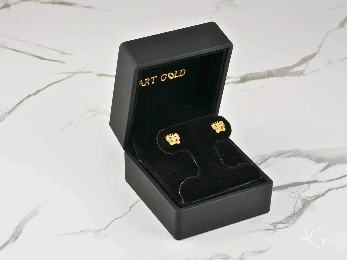 Rainbow Flutter 18K gold multicolor CZ butterfly earrings in black box