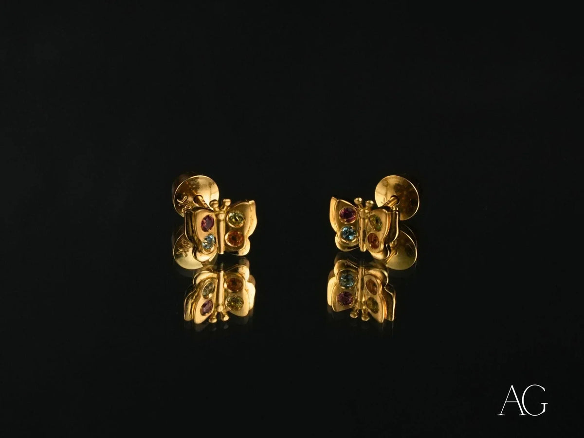 Rainbow Flutter 18K gold multicolor CZ butterfly earrings