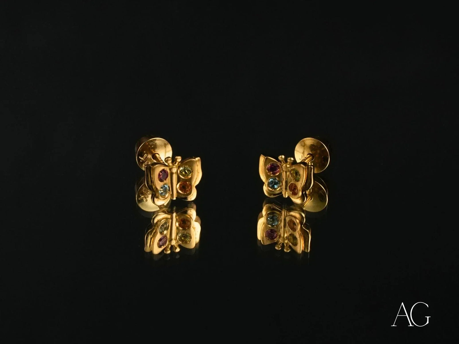 Rainbow Flutter 18K gold multicolor CZ butterfly earrings