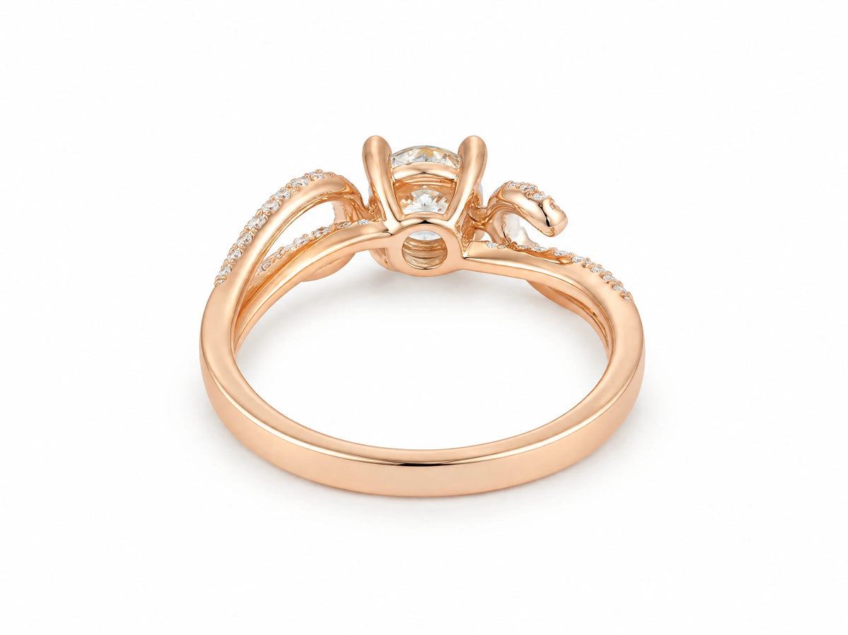 Romantic 18K rose gold diamond ring, rear view of the setting and the inside of the band
