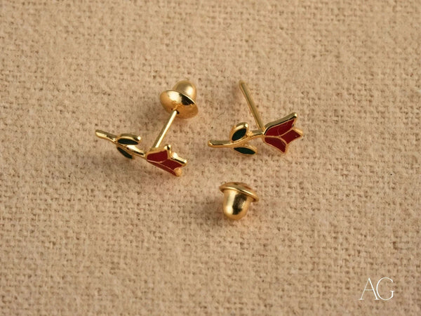 Gold delicate rose stud earrings with blooming charm