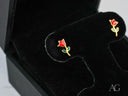 18k gold delicate rose stud earrings with red petals and green stems