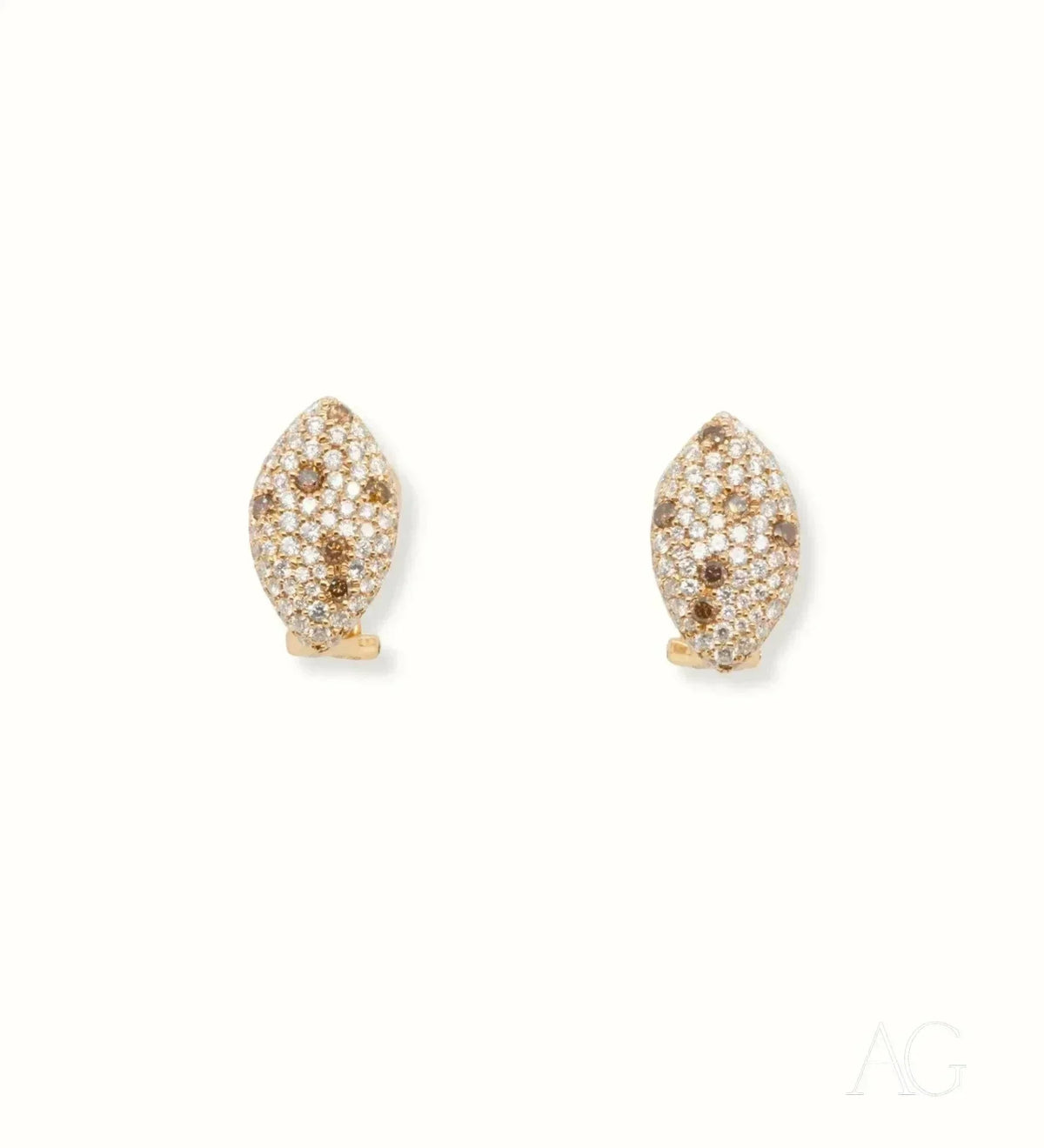 Pair of pavé-set rose gold champagne diamond earrings in marquise shape