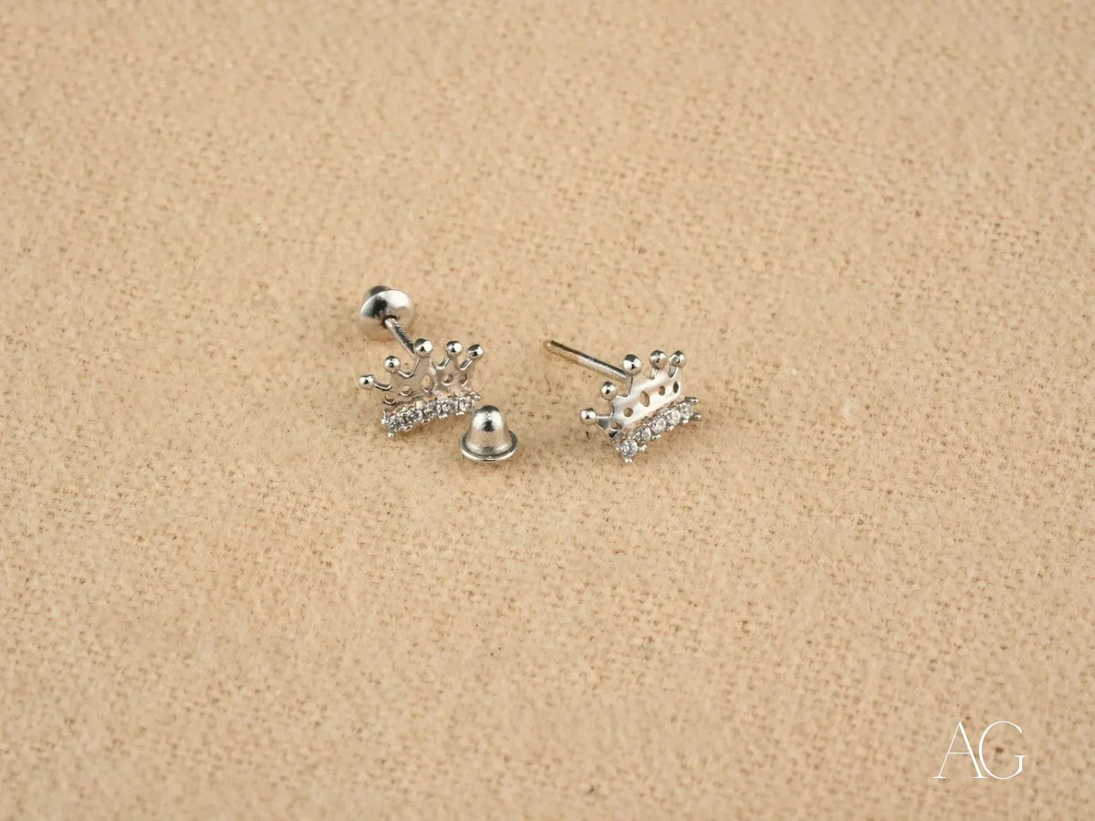 Royal Spark 18K white gold crown earrings with CZ accents