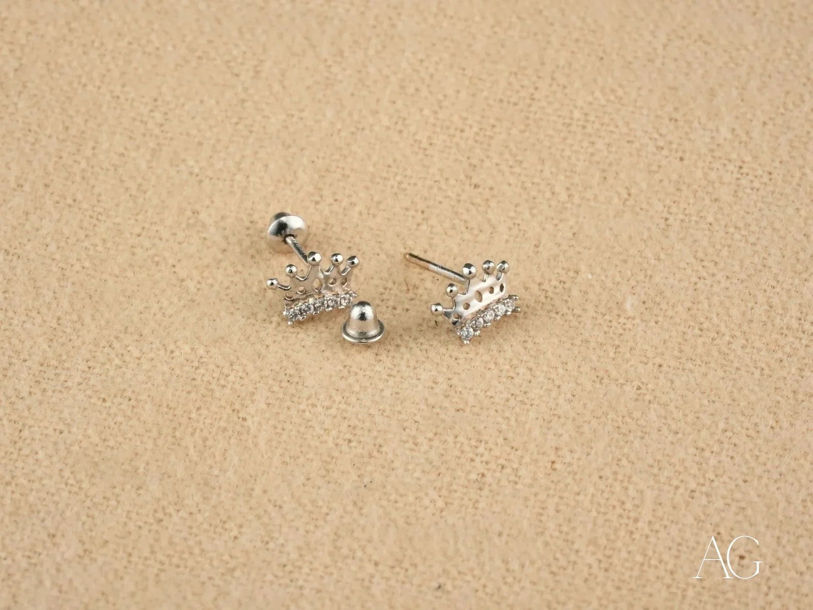 Royal Spark 18K white gold crown earrings with CZ accents