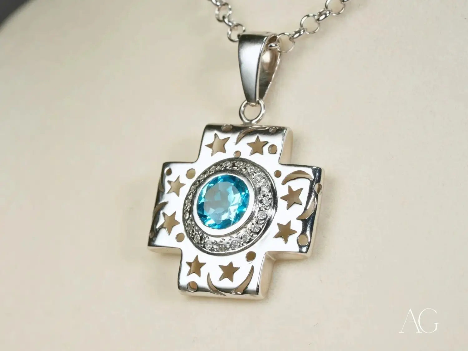 Celestial Cross Blue Topaz & Diamond Cross Pendant