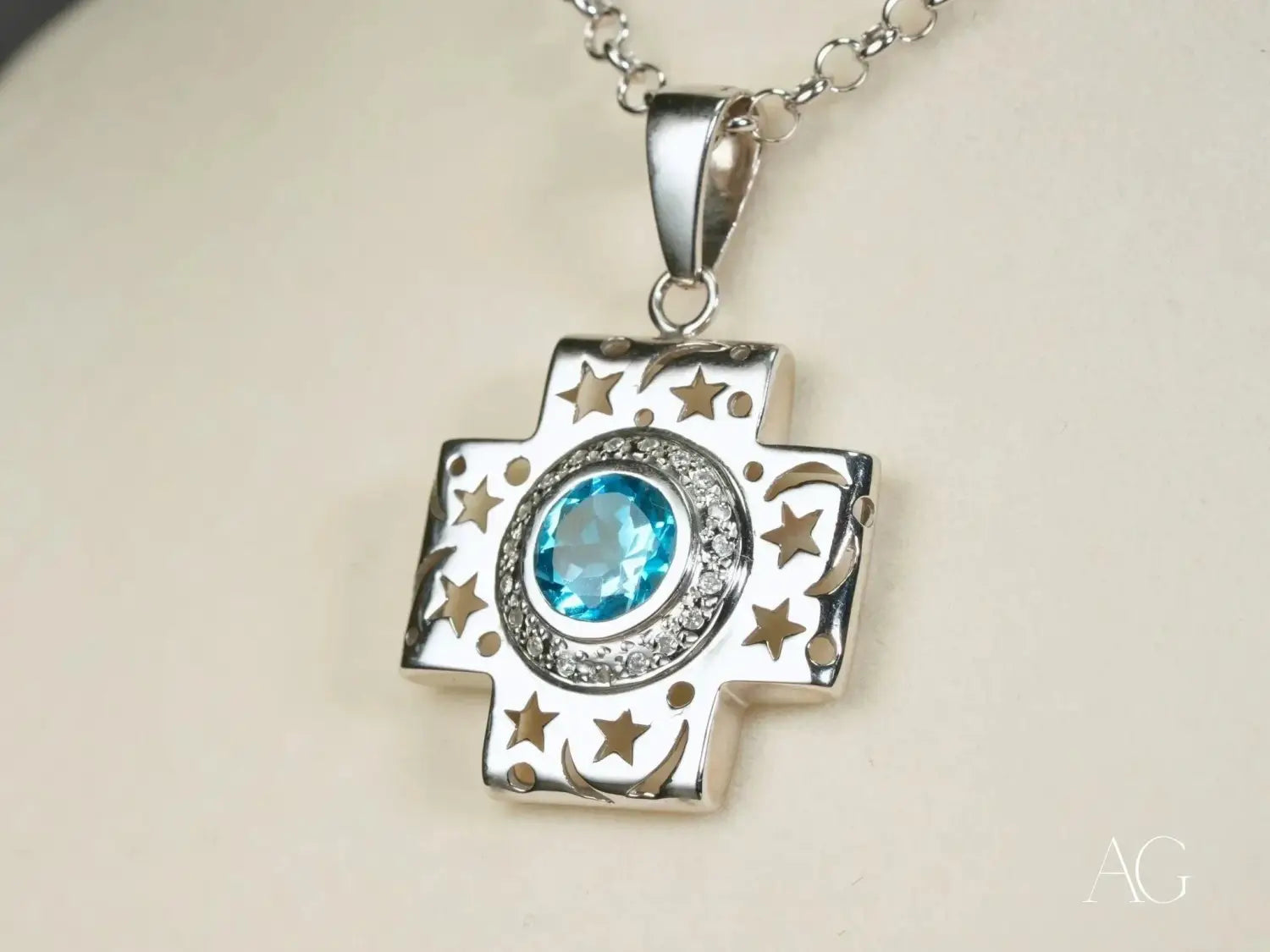 Celestial Cross Blue Topaz & Diamond Cross Pendant