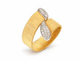 Side profile of the two-tone ring showing the brushed yellow gold band and the raised white gold ribbon.
