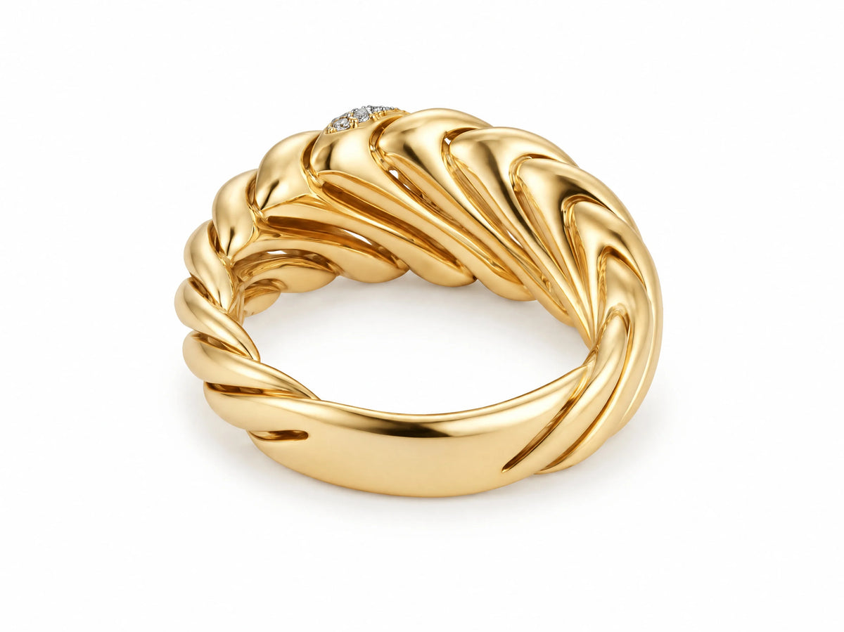 18K yellow gold diamond ring — alternate 45-degree angle showing twisted gold band and diamond strip