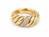 18K yellow gold diamond ring — top view of twisted band and diagonal pavé diamond setting
