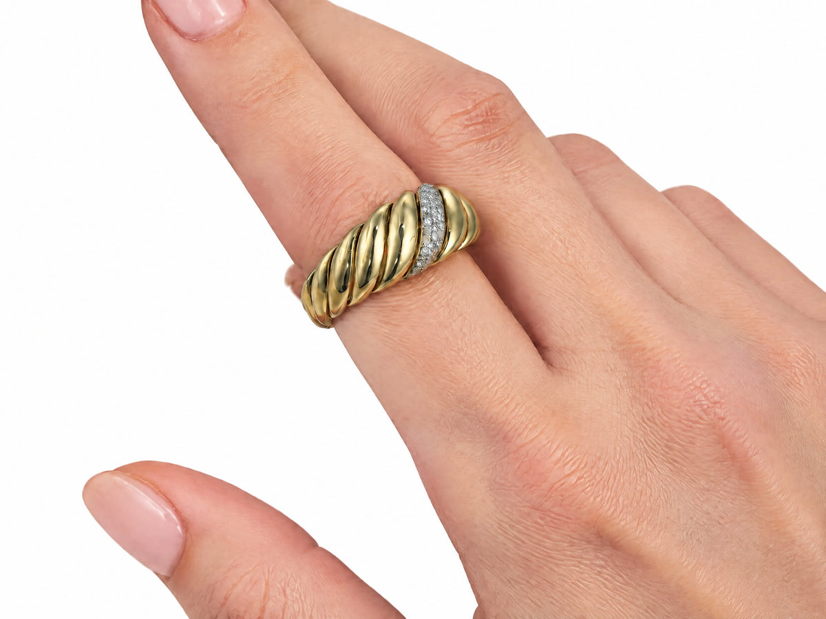 18K yellow gold diamond ring — worn on the finger to show scale and fit