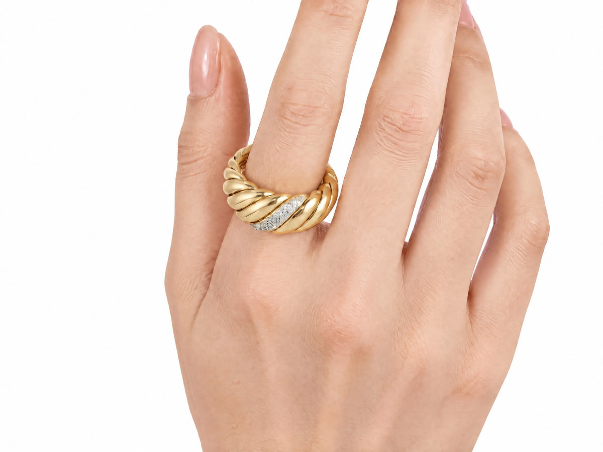 18K yellow gold diamond ring — lifestyle view on hand showing how it sits when worn