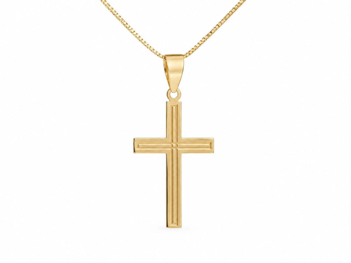 18K Gold Fluted Cross Pendant, L size, displayed on a gold box chain (chain not included)