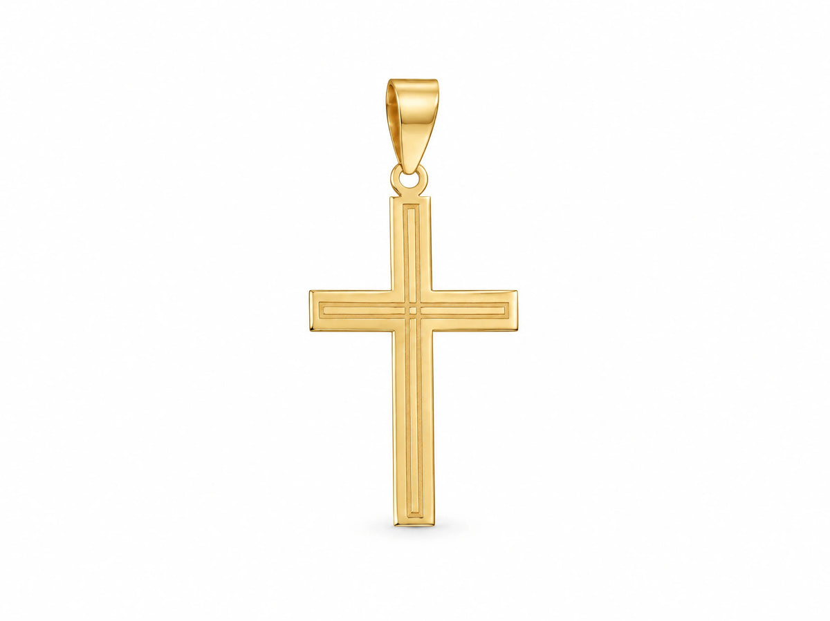 18K Gold Fluted Cross Pendant, L size, front view showing the fluted grooves along the arms and polished edge