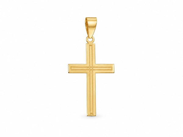 18K Gold Fluted Cross Pendant, L size, front view showing the fluted grooves along the arms and polished edge