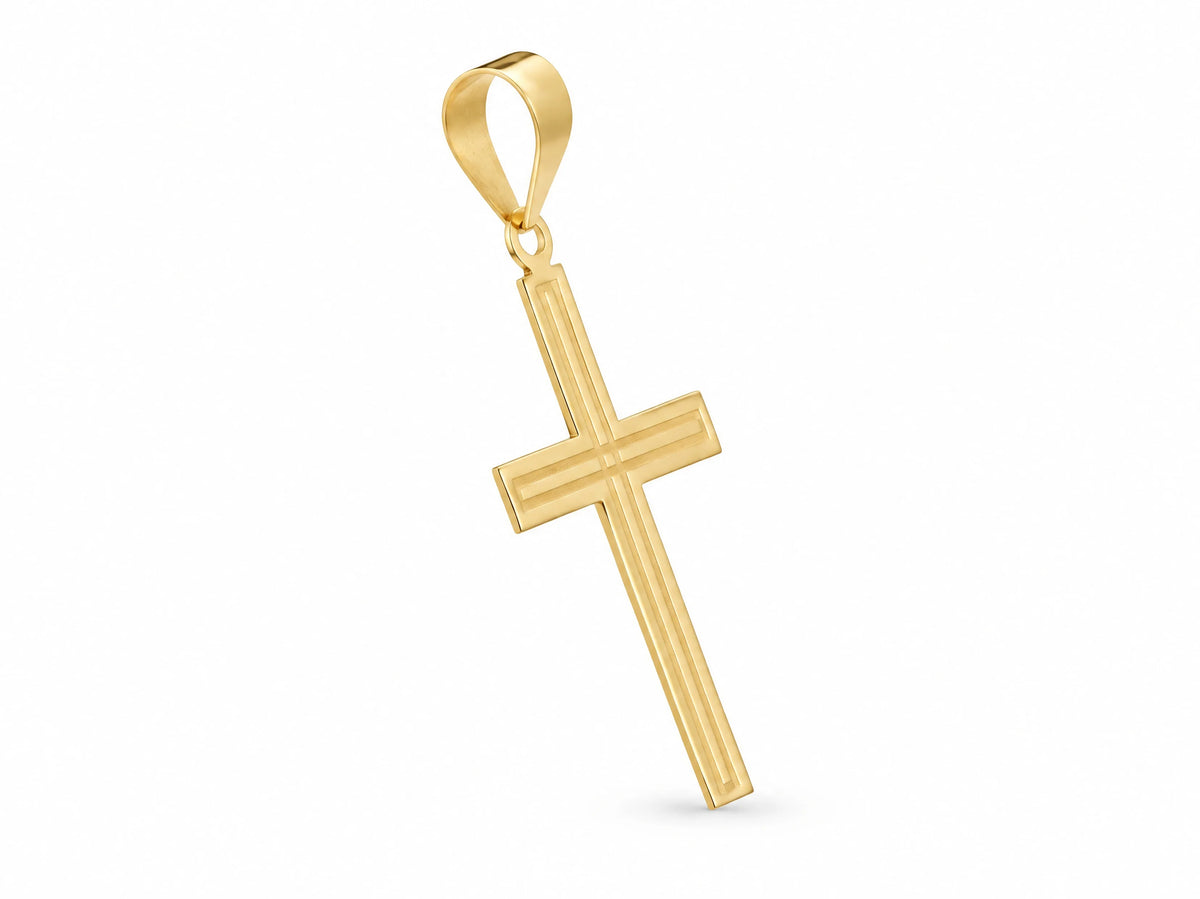 18K Gold Fluted Cross Pendant, L size, angled side view showing the depth of the fluted grooves