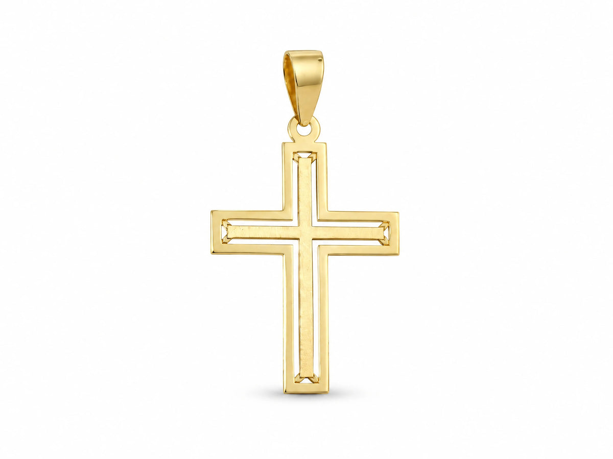 18K Gold Openwork Cross Pendant, L size, front view showing the openwork pierced design and polished frame