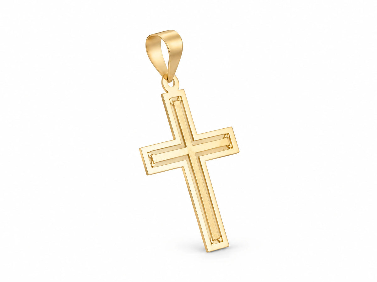 18K Gold Openwork Cross Pendant, L size, angled side view showing the cut-through depth of the openwork