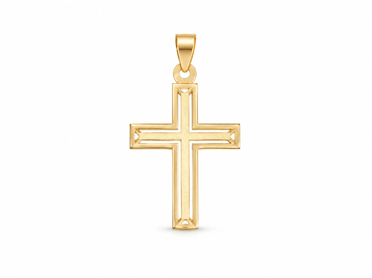 18K Gold Openwork Cross Pendant, M size, front view showing the openwork pierced design and polished frame
