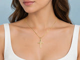 Openwork cross pendant M size worn for scale, 17 x 25 mm.