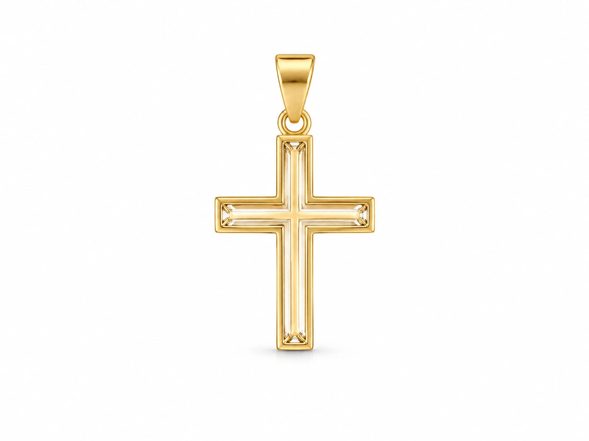 18K Gold Openwork Cross Pendant, S size, front view showing the openwork pierced design and polished frame