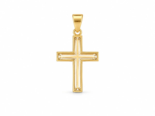 18K Gold Openwork Cross Pendant, S size, front view showing the openwork pierced design and polished frame
