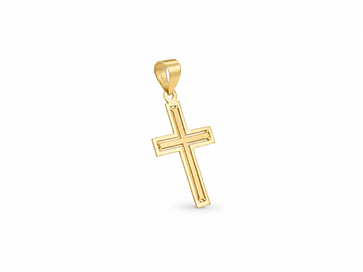 18K Gold Openwork Cross Pendant, S size, angled side view showing the cut-through depth of the openwork