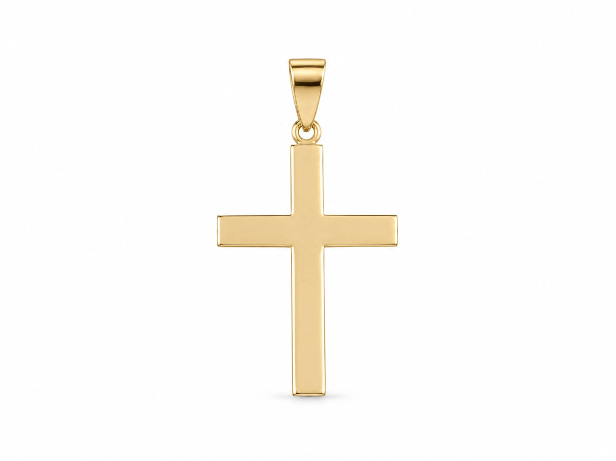 18K Gold Smooth Cross Pendant, L size, front view showing the plain polished surface