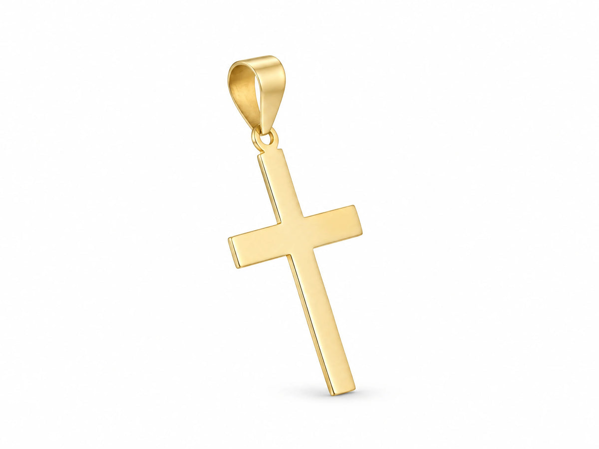 18K Gold Smooth Cross Pendant, L size, angled side view showing the thickness and bevelled edge