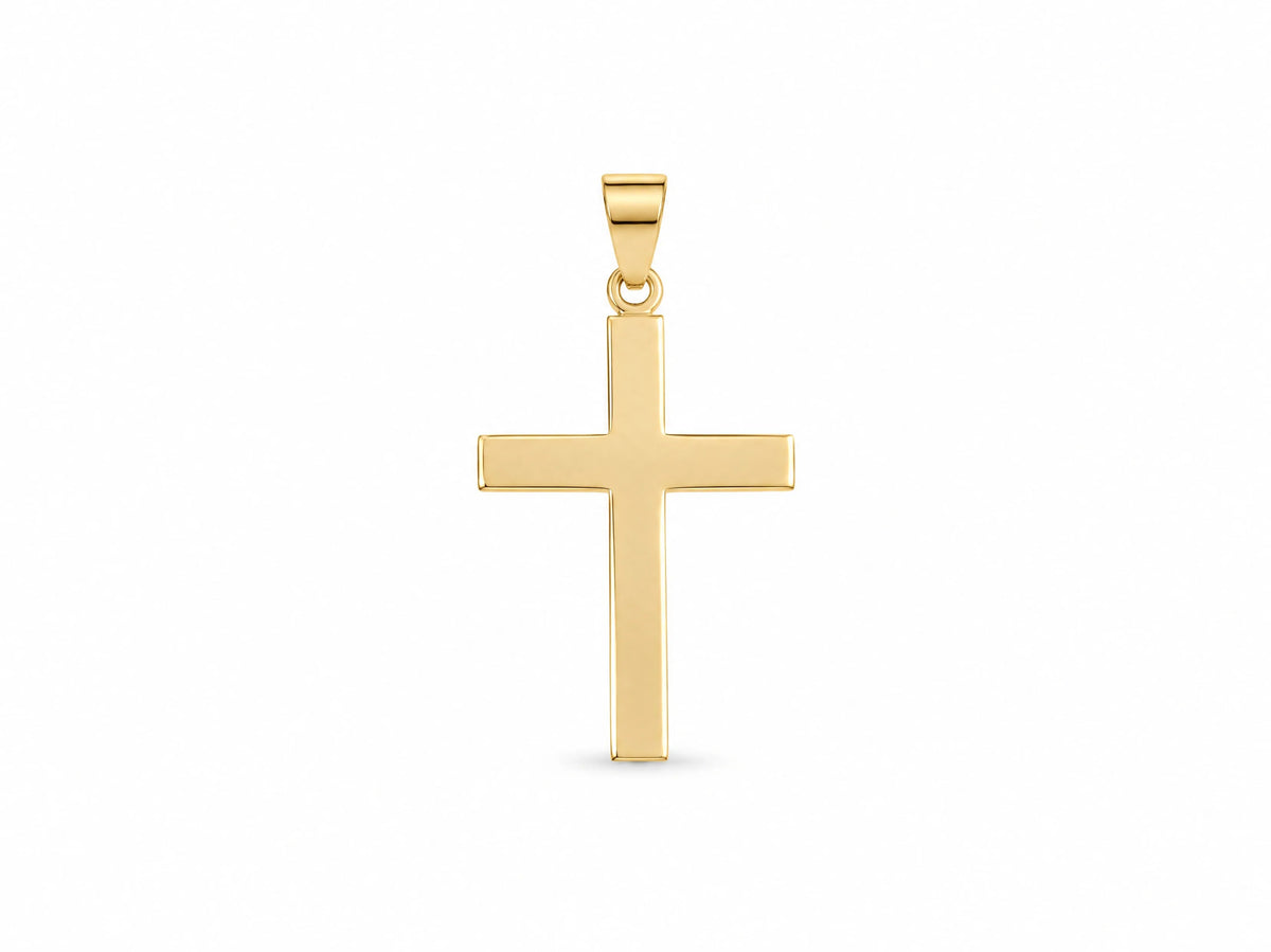 18K Gold Smooth Cross Pendant, M size, front view showing the plain polished surface