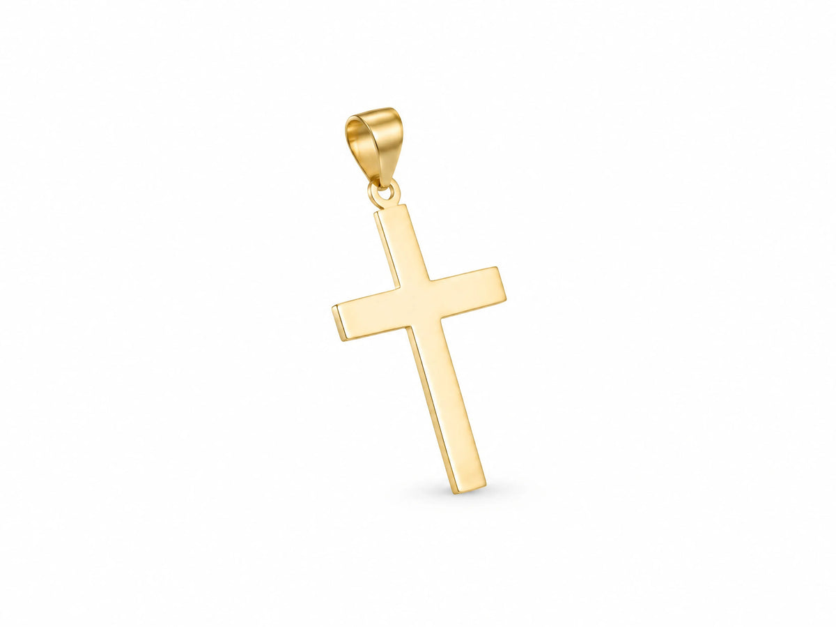 18K Gold Smooth Cross Pendant, M size, angled side view showing the thickness and bevelled edge