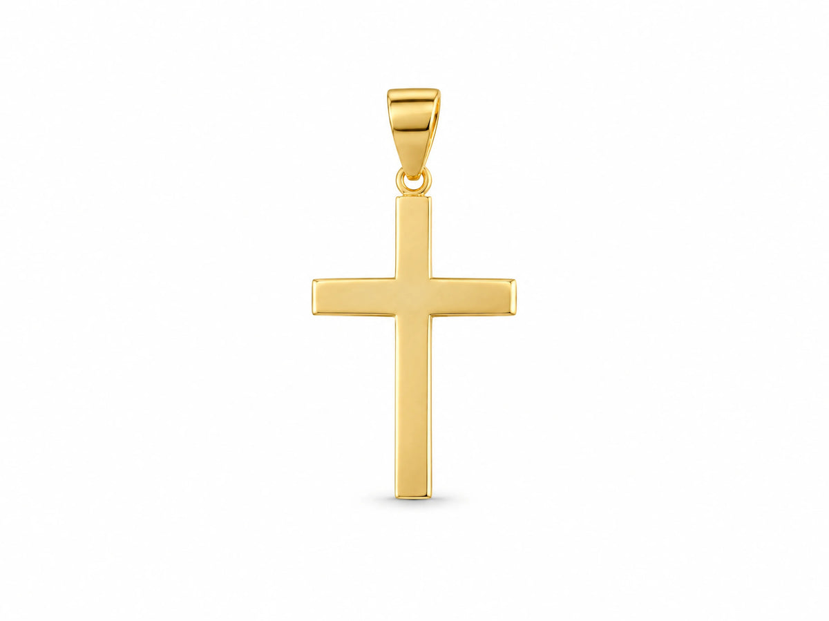 18K Gold Smooth Cross Pendant, S size, front view showing the plain polished surface