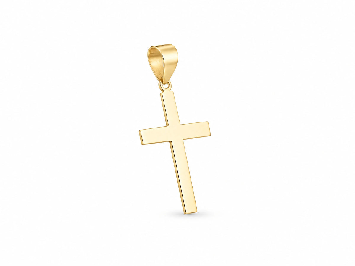 18K Gold Smooth Cross Pendant, S size, angled side view showing the thickness and bevelled edge