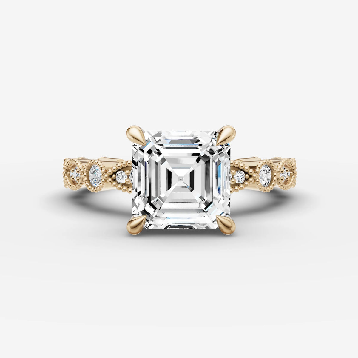 Heritage asscher diamond setting in gold, front view