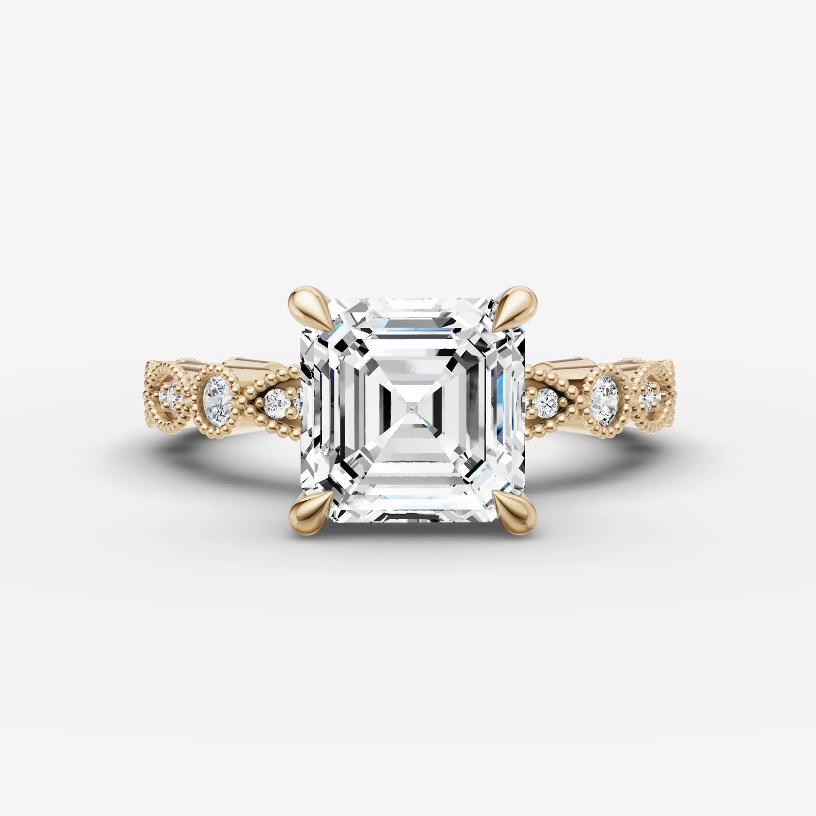 Heritage asscher diamond setting in gold, front view