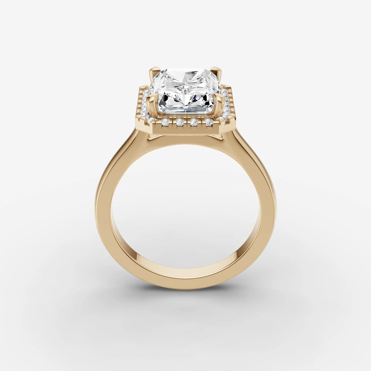 Aurore emerald diamond setting in gold, side view