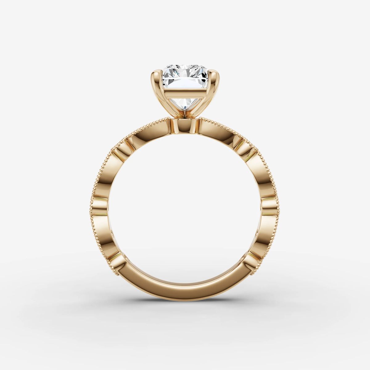 Heritage radiant diamond setting in gold, profile angle