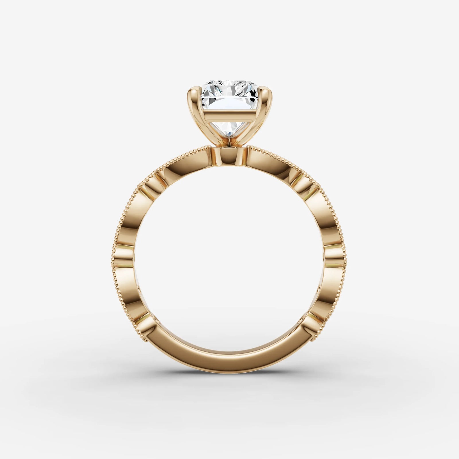 Heritage radiant diamond setting in gold, profile angle