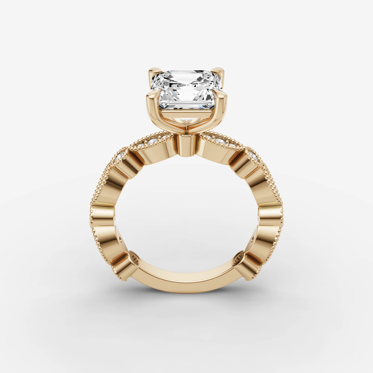 Heritage asscher diamond setting in gold, side view
